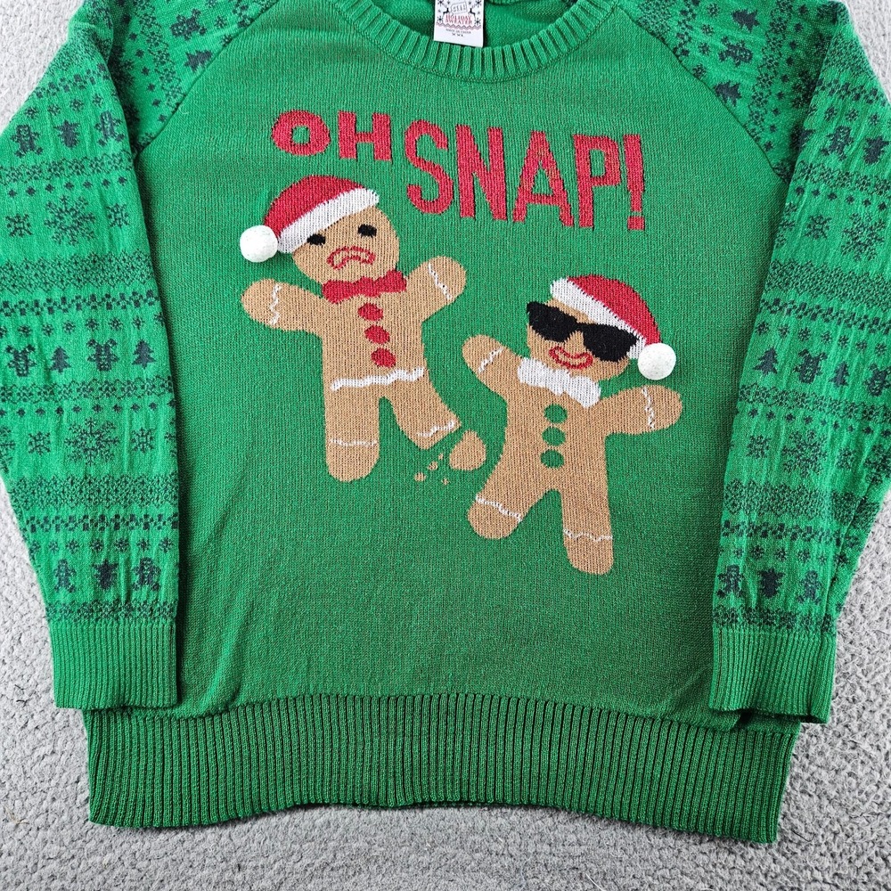 Ugly Christmas Sweater Womens XXL Green Fair Isle Gingerbread Man Oh Snap - Picture 5 of 16